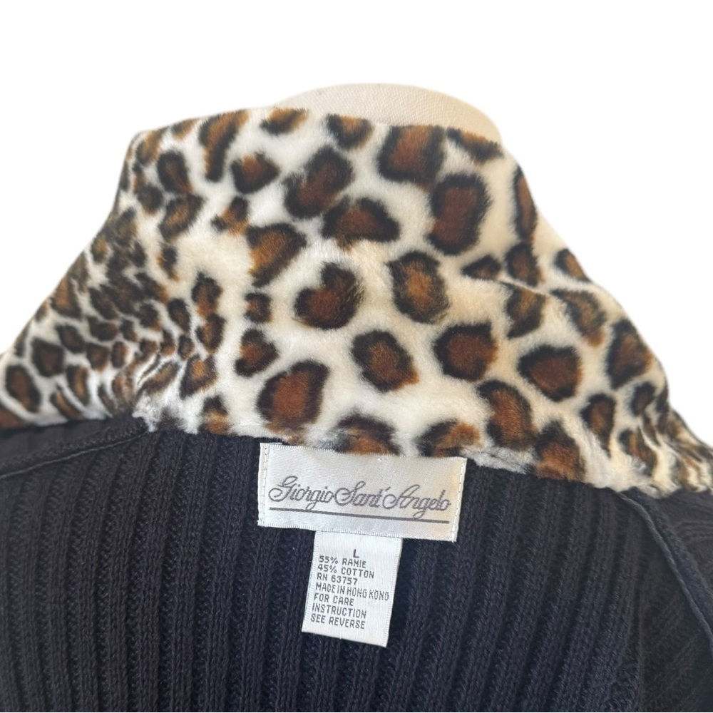 Giorgio Di Sant Angelo ✘ Leopard Print Collar Ramie Ribbed Zip Cardigan Sweater - Picture 3 of 8